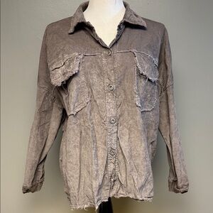 Venti6 Made in Italy Distressed Button Shirt Taupe L Raw Edge Cotton